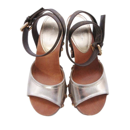 Louis Vuitton Monogram Ankle Belt Sandals Wood Sole Shoes Brown Gold 35 — view 2