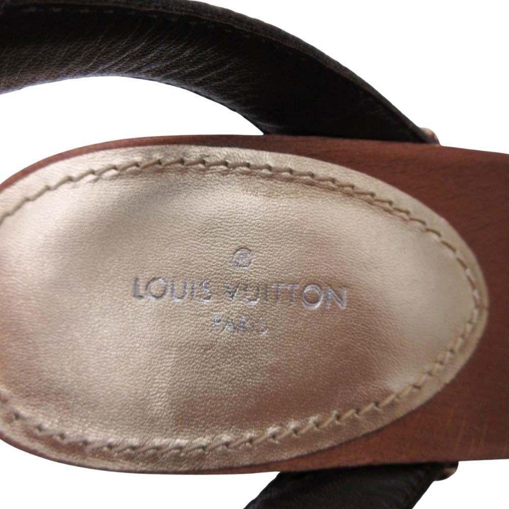 Louis Vuitton Monogram Ankle Belt Sandals Wood Sole Shoes Brown Gold 35 — view 7