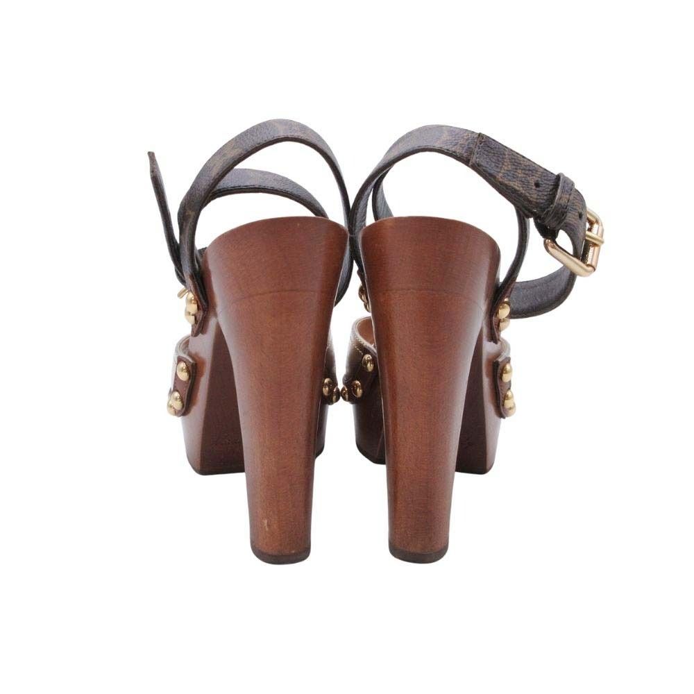 Louis Vuitton Monogram Ankle Belt Sandals Wood Sole Shoes Brown Gold 35 — view 4
