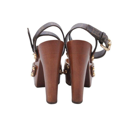 Louis Vuitton Monogram Ankle Belt Sandals Wood Sole Shoes Brown Gold 35 — view 4