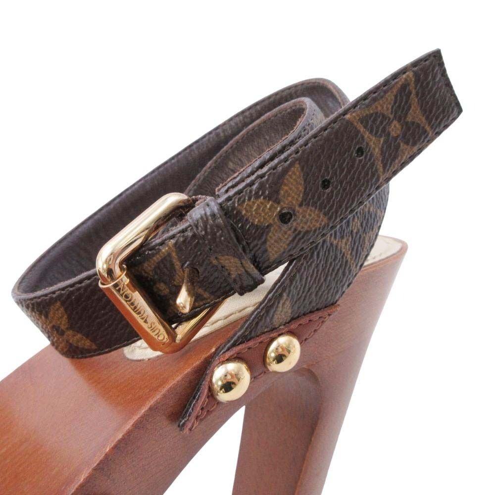 Louis Vuitton Monogram Ankle Belt Sandals Wood Sole Shoes Brown Gold 35 — view 6