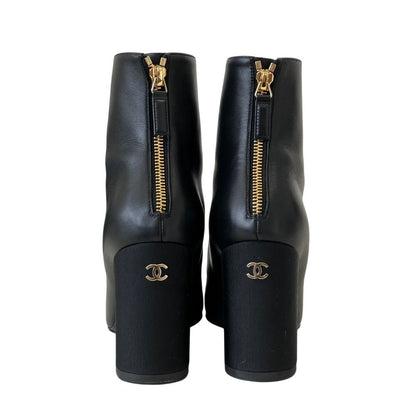 Chanel CC Logo Leather Ankle Boots Black 37.5 — view 3