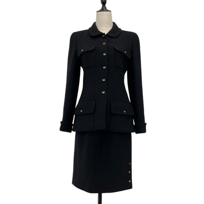Chanel 95A Vintage CC Logo Button Tweed Jacket Skirt Set 38 Black