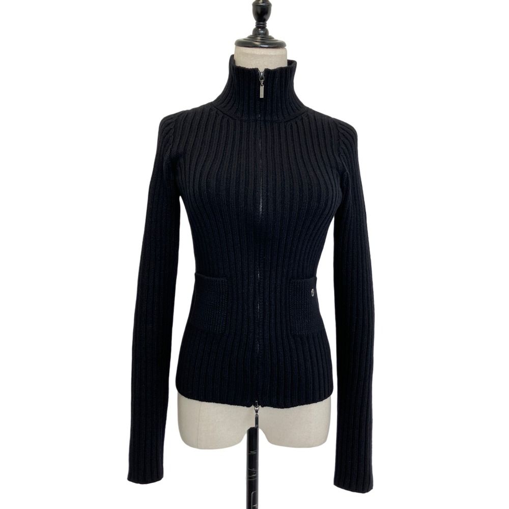 Chanel 100% Cashmere CC Logo Wide Rib Knit Zip Jacket 34 Black