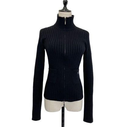 Chanel 100% Cashmere CC Logo Wide Rib Knit Zip Jacket 34 Black
