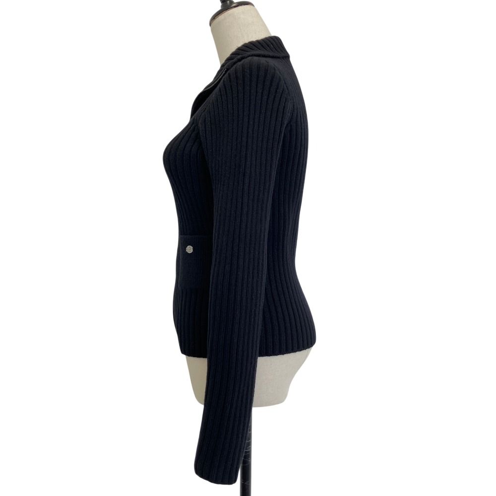 Chanel 100% Cashmere CC Logo Wide Rib Knit Zip Jacket 34 Black — view 3