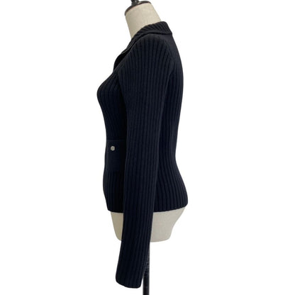 Chanel 100% Cashmere CC Logo Wide Rib Knit Zip Jacket 34 Black — view 3