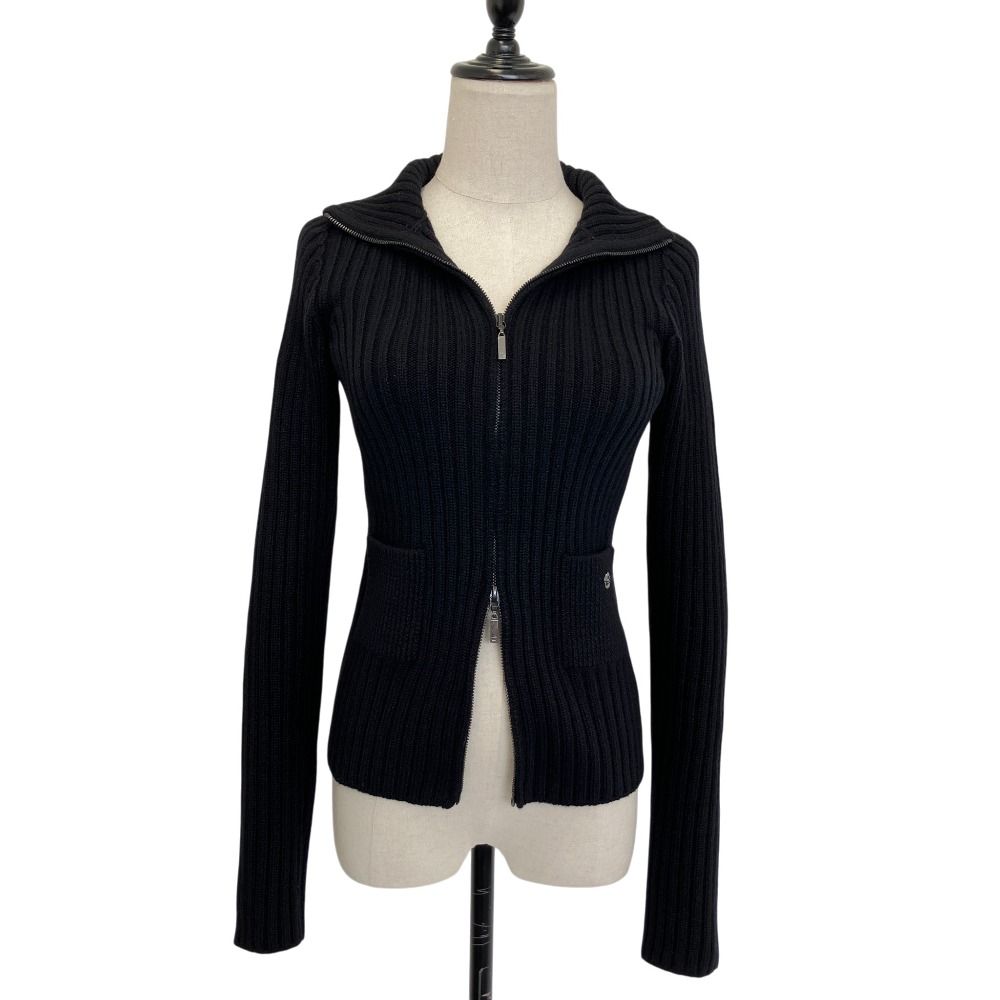 Chanel 100% Cashmere CC Logo Wide Rib Knit Zip Jacket 34 Black — view 2
