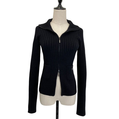Chanel 100% Cashmere CC Logo Wide Rib Knit Zip Jacket 34 Black — view 2