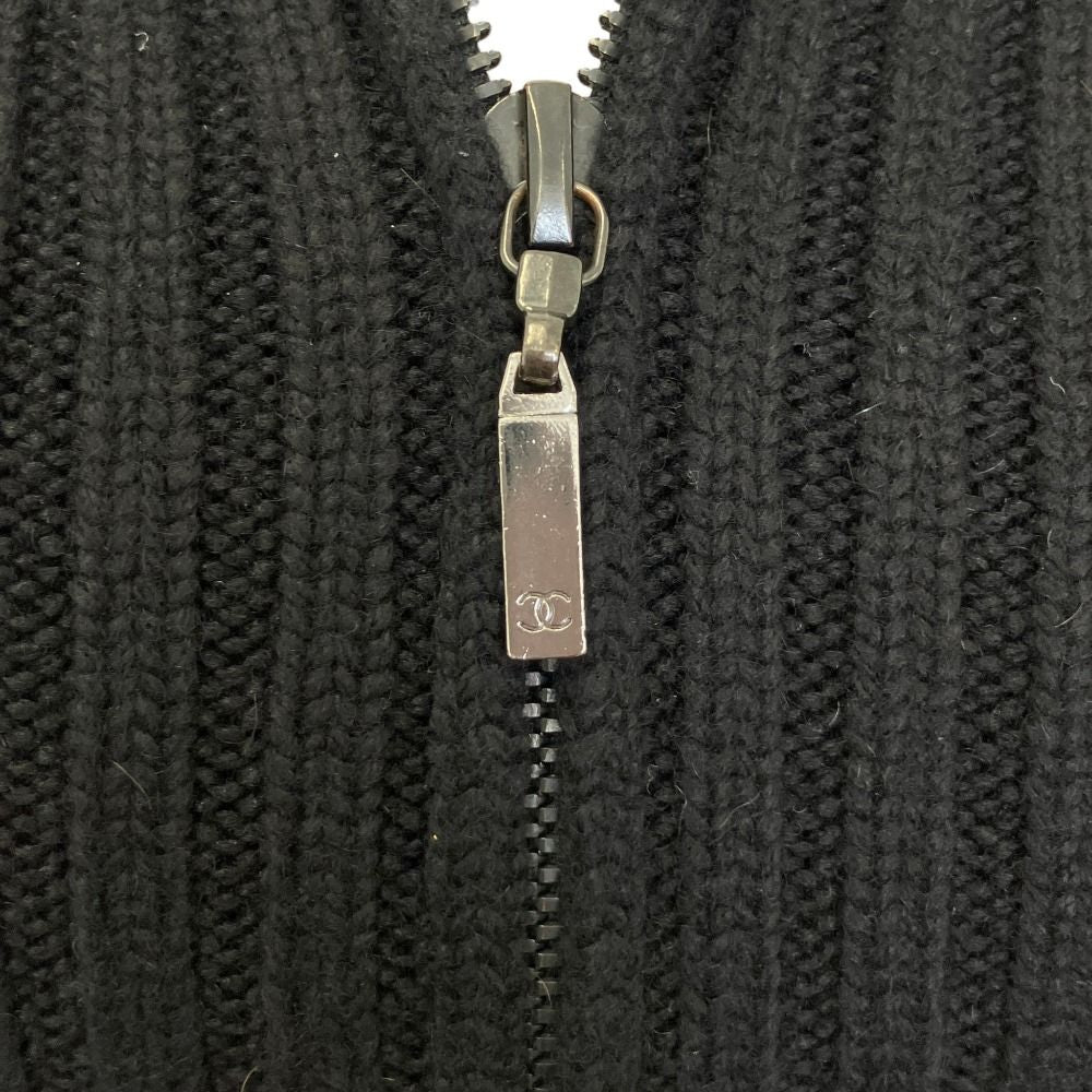 Chanel 100% Cashmere CC Logo Wide Rib Knit Zip Jacket 34 Black — view 6