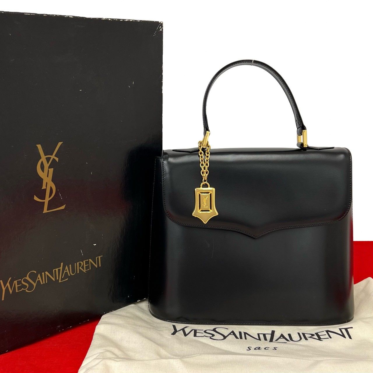 Saint Laurent Box Vintage YSL Logo Leather Handbag Mini Tote Black