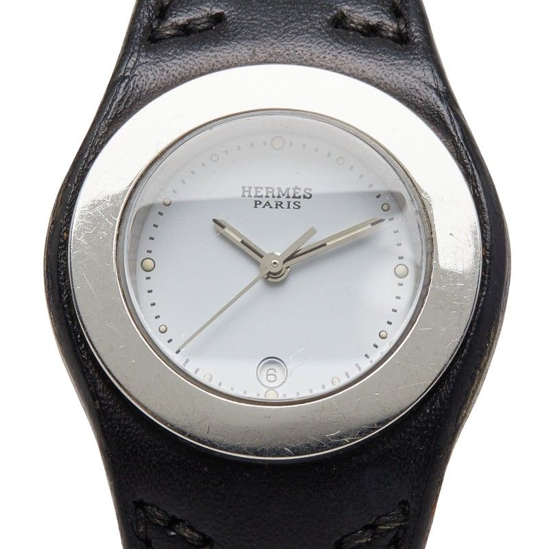 Hermes Ahne Watch White Silver Black Stainless Steel Leather