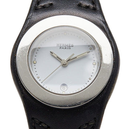 Hermes Ahne Watch White Silver Black Stainless Steel Leather
