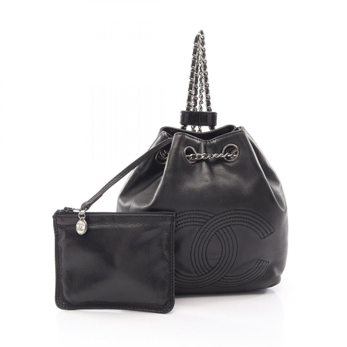 Chanel Backpack CC Logo Small Drawstring Black Lambskin CC Chain