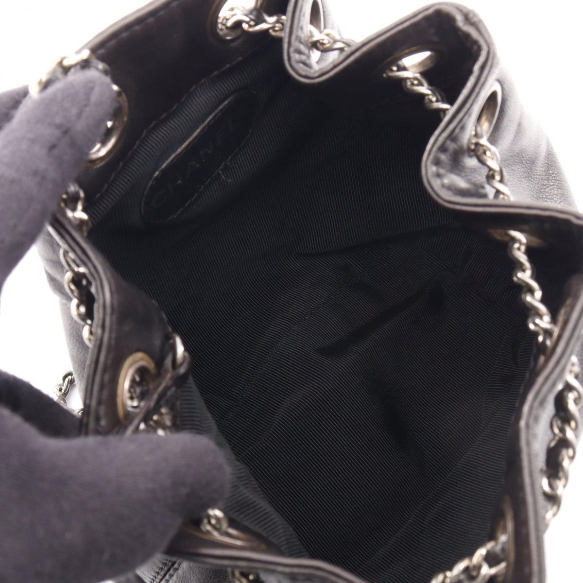 Chanel Backpack CC Logo Small Drawstring Black Lambskin CC Chain — view 3