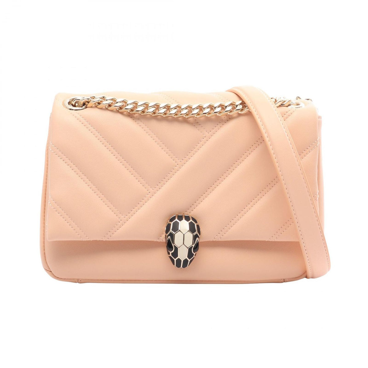 Bvlgari Shoulder Bag Serpenti Cabochon Salmon Pink Black White Leather Chain