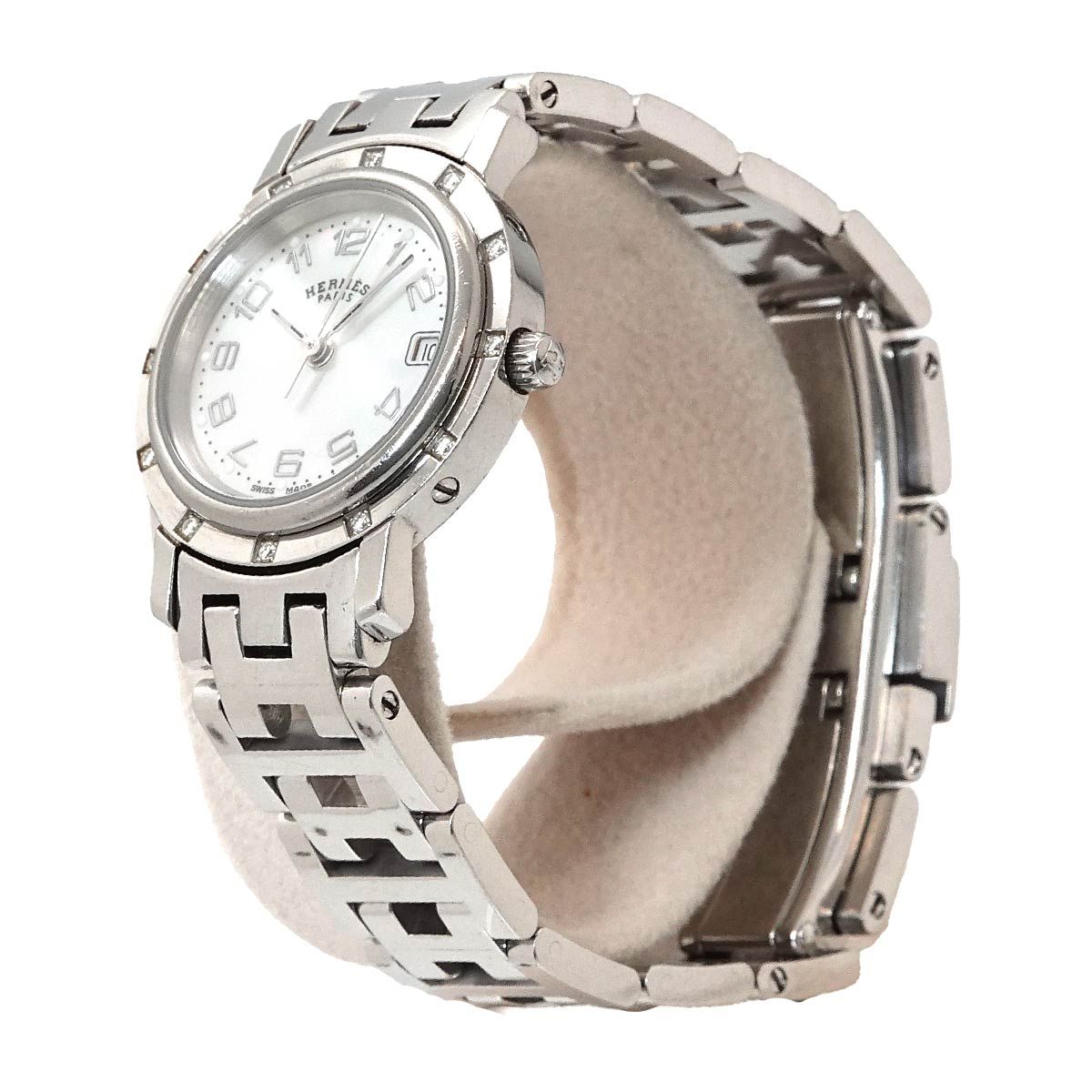 Hermes Cles Cl4 230 Watch Diamond Bezel White Shell Quartz Clipper — view 3