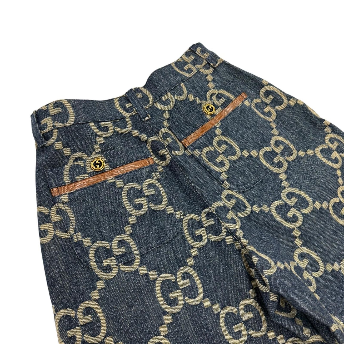 Gucci 100% Cotton Logo Button Leather Jumbo GG All Over Print Shorts Indigo 38 — view 4