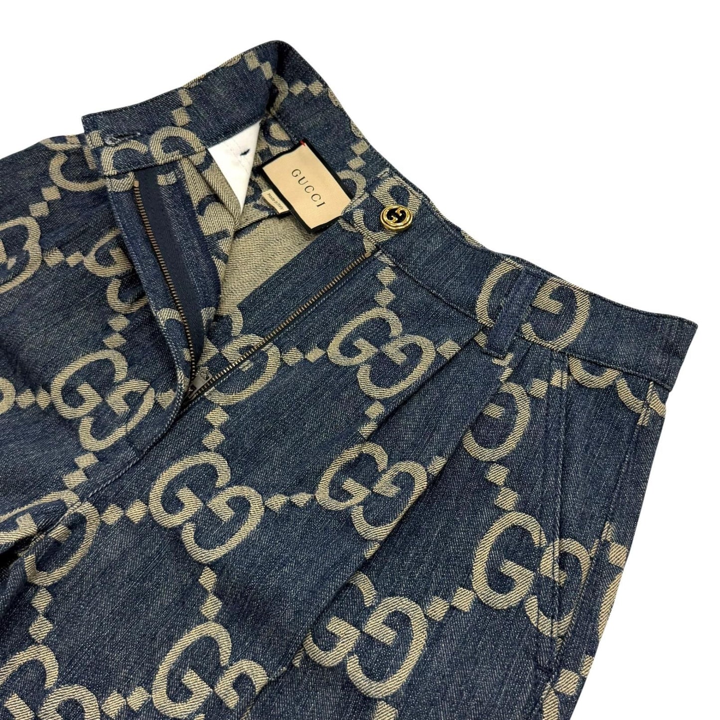 Gucci 100% Cotton Logo Button Leather Jumbo GG All Over Print Shorts Indigo 38 — view 3