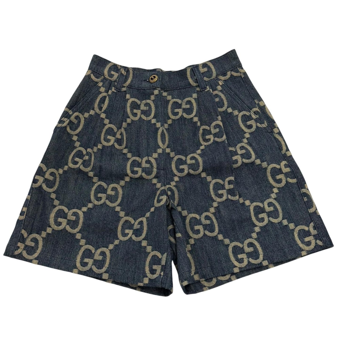 Gucci 100% Cotton Logo Button Leather Jumbo GG All Over Print Shorts Indigo 38