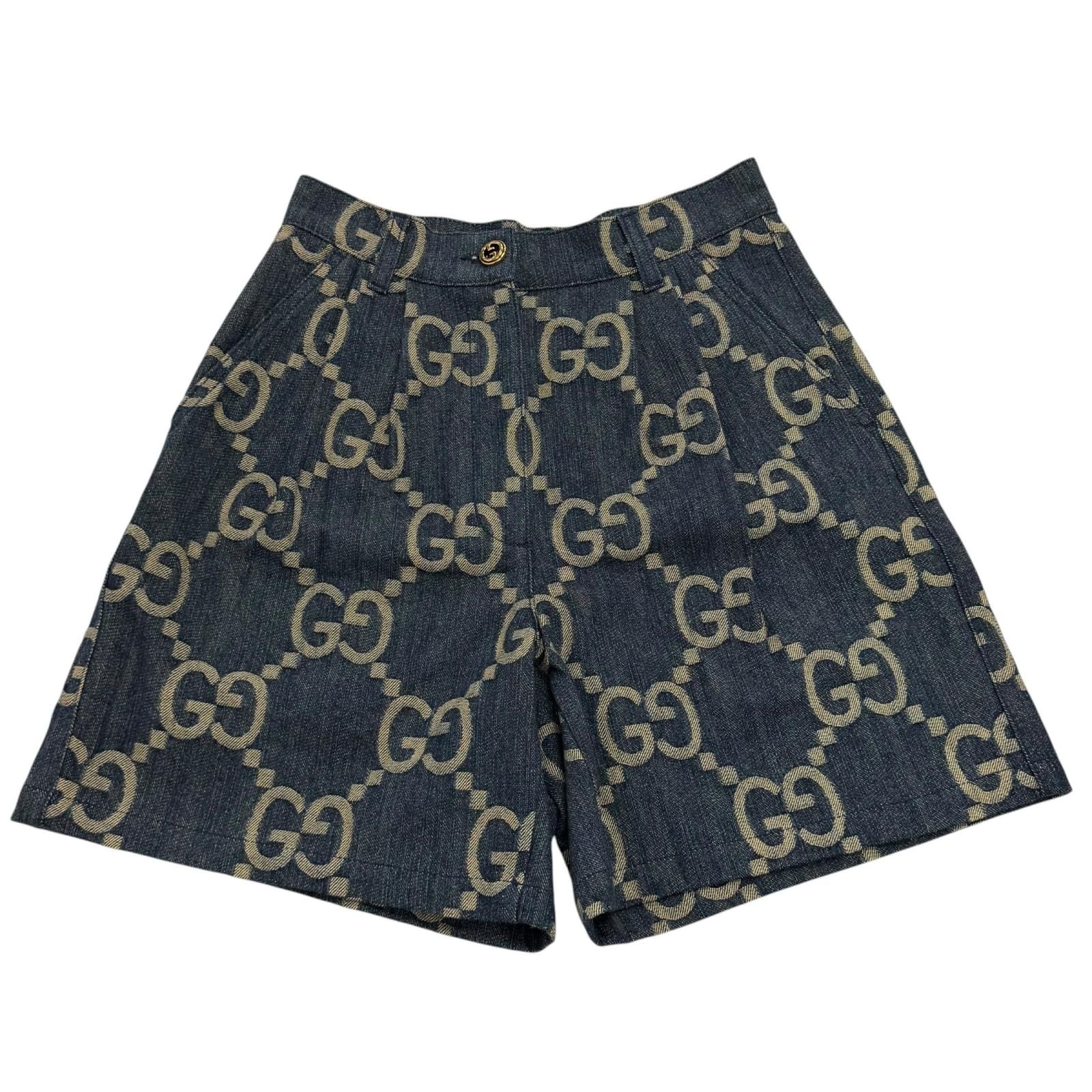 Gucci 100% Cotton Logo Button Leather Jumbo GG All Over Print Shorts Indigo 38