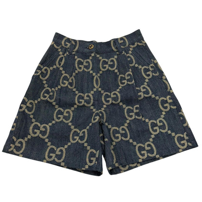 Gucci 100% Cotton Logo Button Leather Jumbo GG All Over Print Shorts Indigo 38