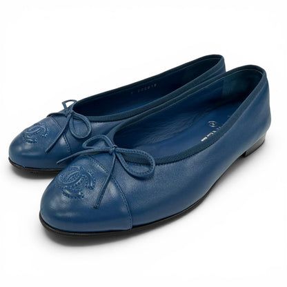 Chanel Ballerina CC Logo Ribbon Leather Flat Pumps Ballet Shoes Navy