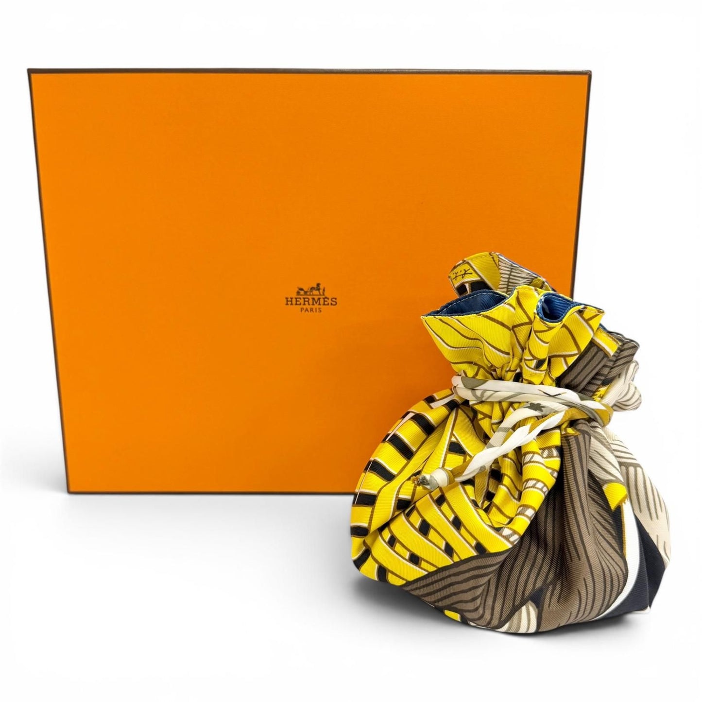 Hermes Petit h 100% Silk Masan & Reversible Drawstring Pouch Yellow Blue — view 2