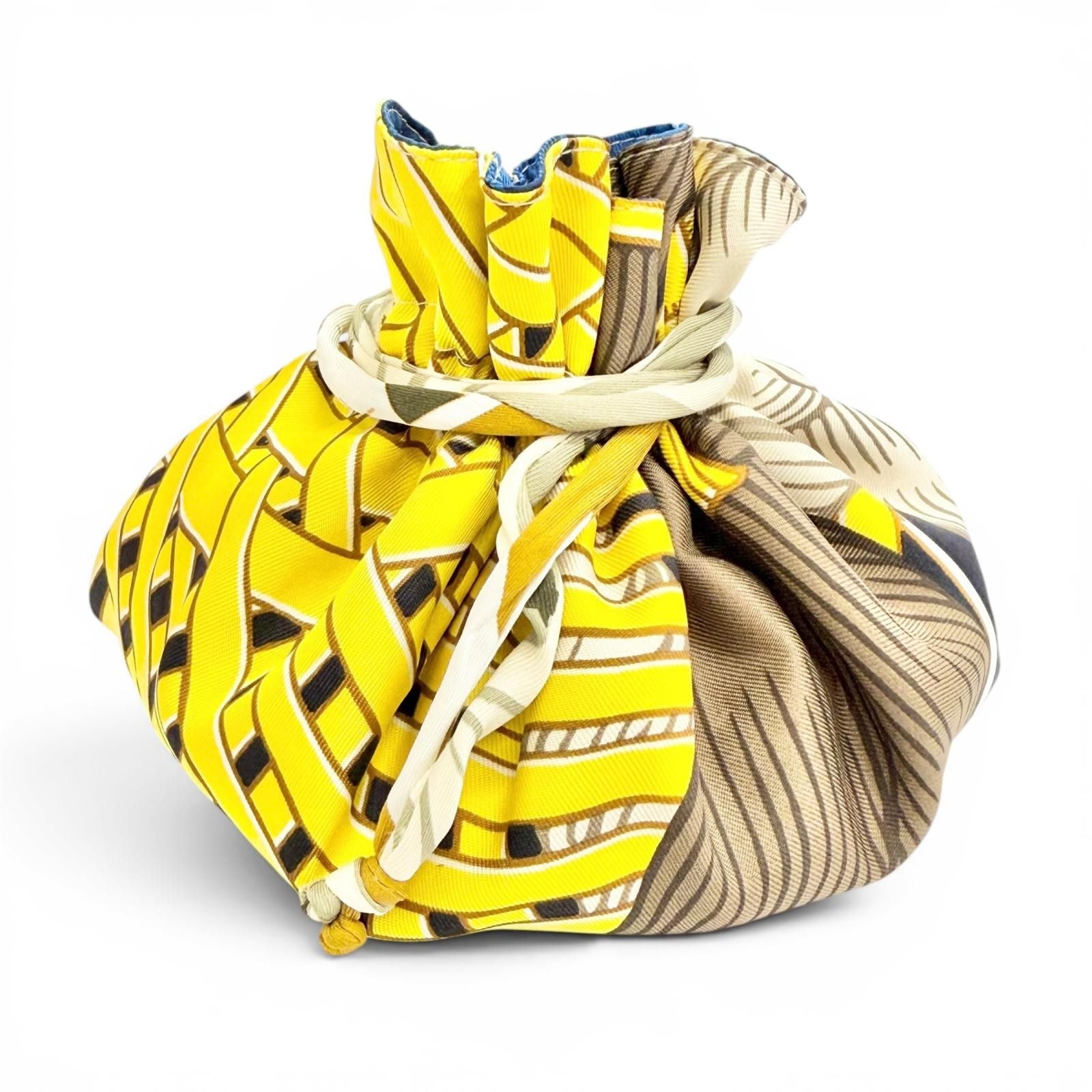 Hermes Petit h 100% Silk Masan & Reversible Drawstring Pouch Yellow Blue