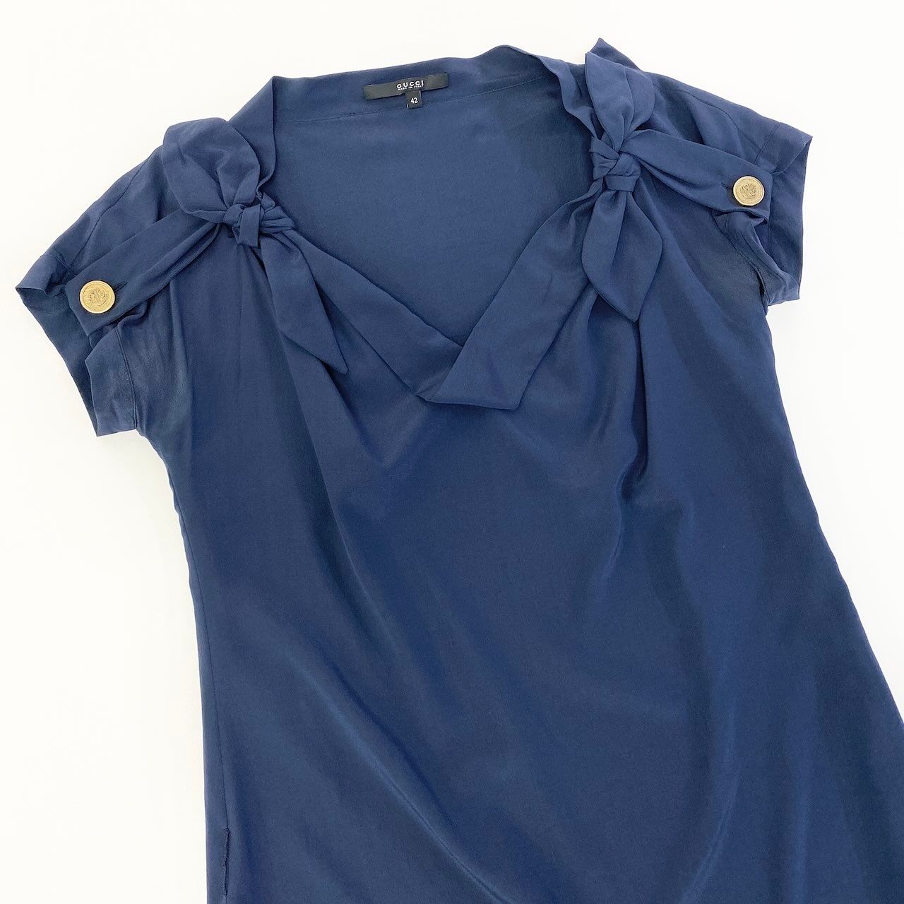 Gucci Short Sleeve Ribbon Dress Knee Length Neck Antiqu Button 42 Navy — view 4