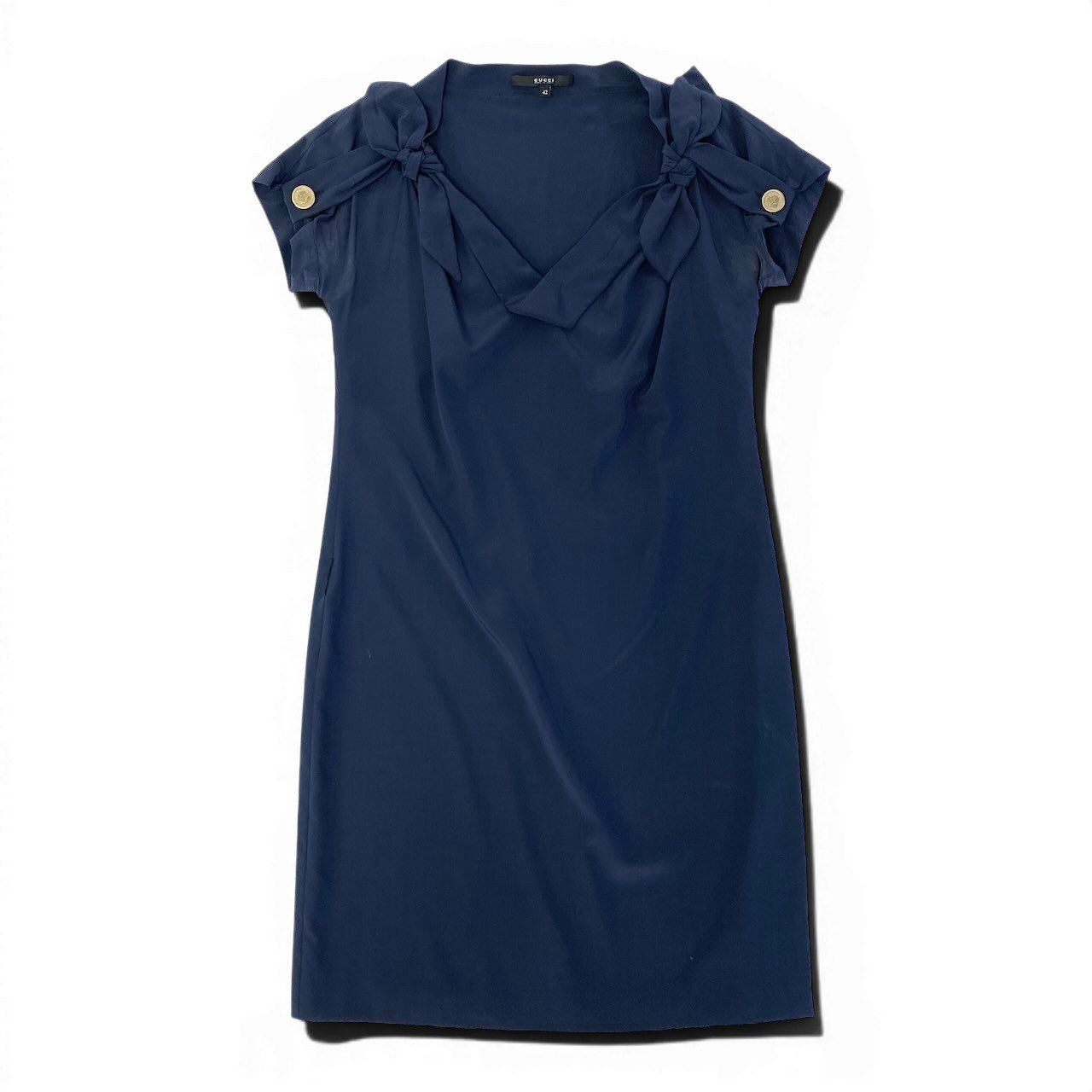 Gucci Short Sleeve Ribbon Dress Knee Length Neck Antiqu Button 42 Navy — view 2