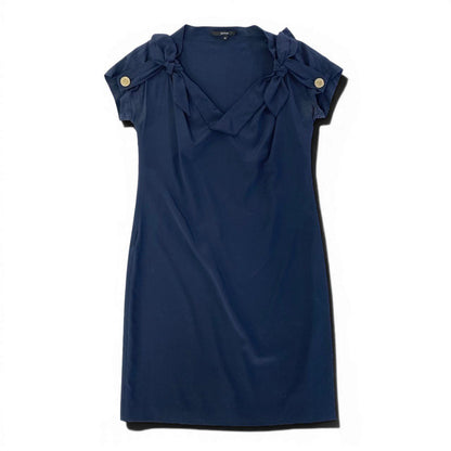 Gucci Short Sleeve Ribbon Dress Knee Length Neck Antiqu Button 42 Navy — view 2