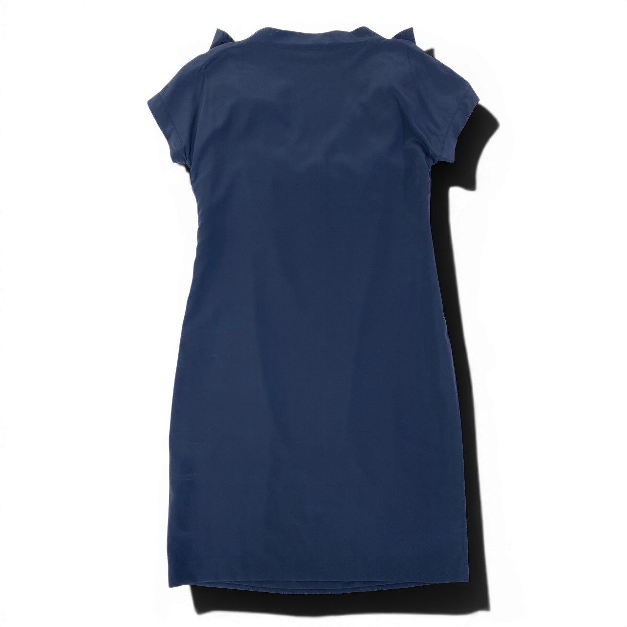 Gucci Short Sleeve Ribbon Dress Knee Length Neck Antiqu Button 42 Navy — view 3