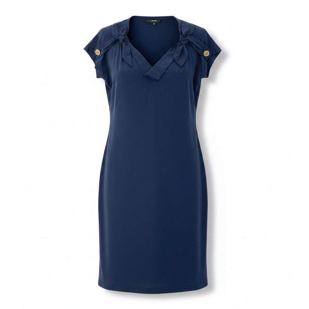 Gucci Short Sleeve Ribbon Dress Knee Length Neck Antiqu Button 42 Navy