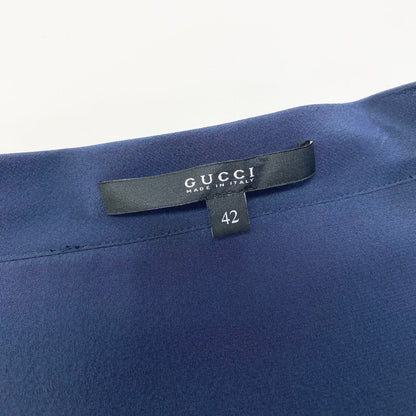 Gucci Short Sleeve Ribbon Dress Knee Length Neck Antiqu Button 42 Navy — view 6