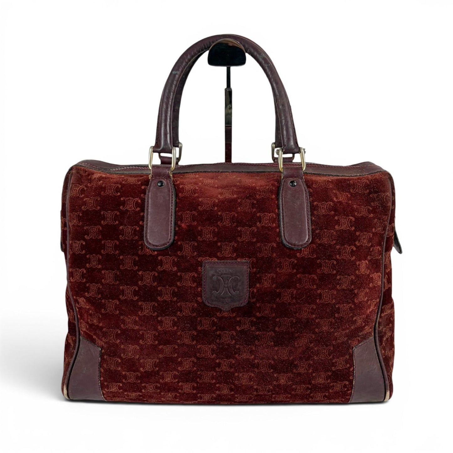 Celine Mini Boston Bag Bordeaux Color Wine Red Suede Leather Triomphe Macadam
