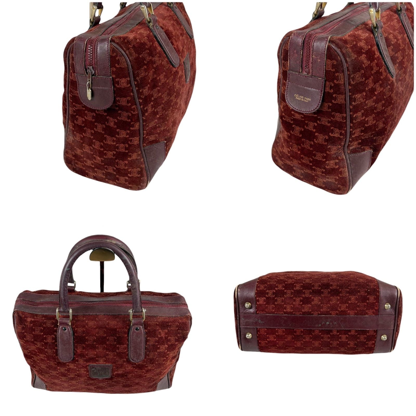Celine Mini Boston Bag Bordeaux Color Wine Red Suede Leather Triomphe Macadam — view 3