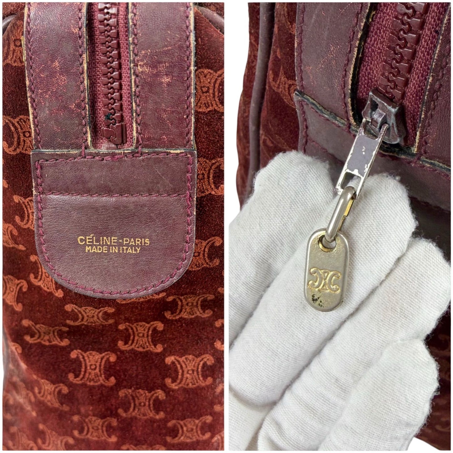Celine Mini Boston Bag Bordeaux Color Wine Red Suede Leather Triomphe Macadam — view 7