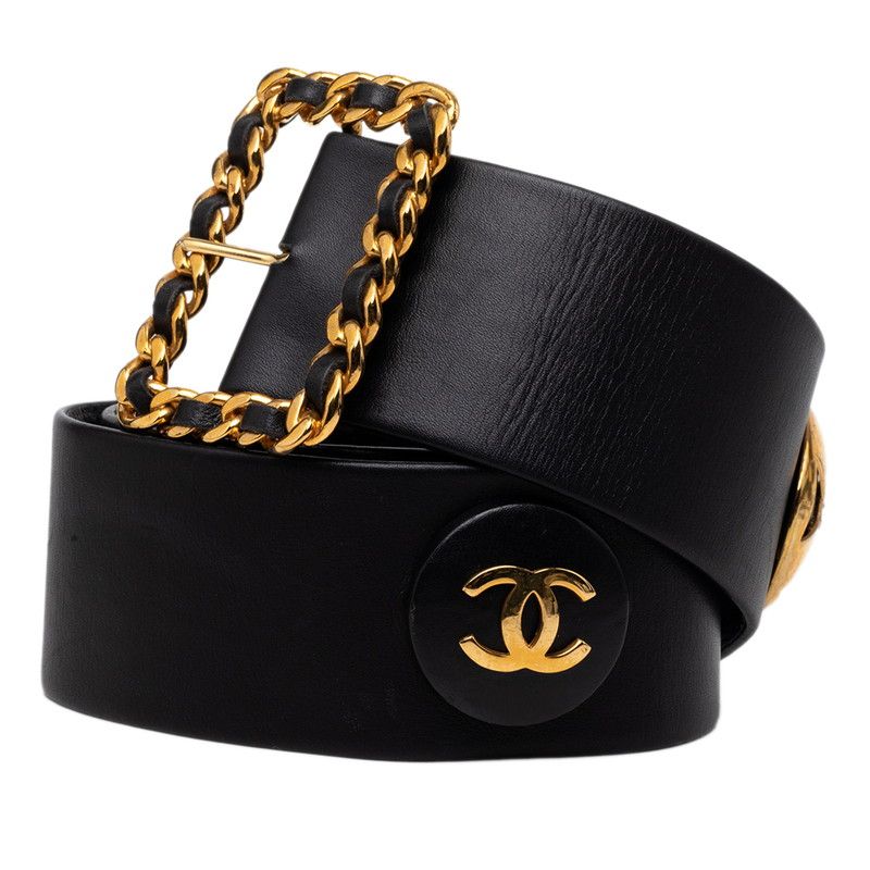 Chanel CC Logo Chain Buckle Belt 93 Black Gold Lambskin Plated