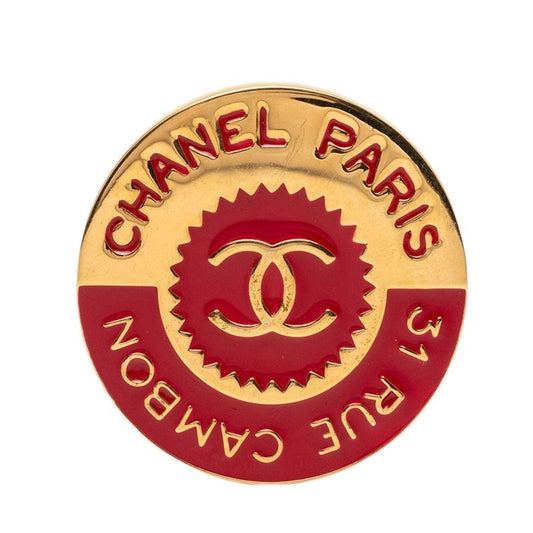 Chanel CC Logo 31 Rue Cambon le Round Brooch Gold Red Plated