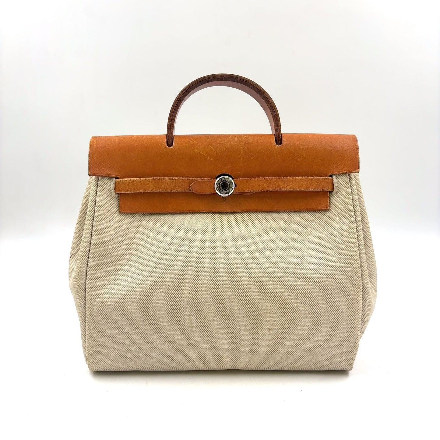Hermes Herbag a Dos PM Handbag Leather Canvas Beige Light Brown Backpack Silver