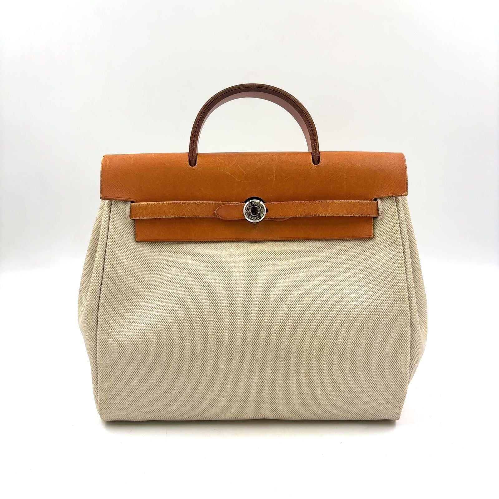 Hermes Herbag a Dos PM Handbag Leather Canvas Beige Light Brown Backpack Silver