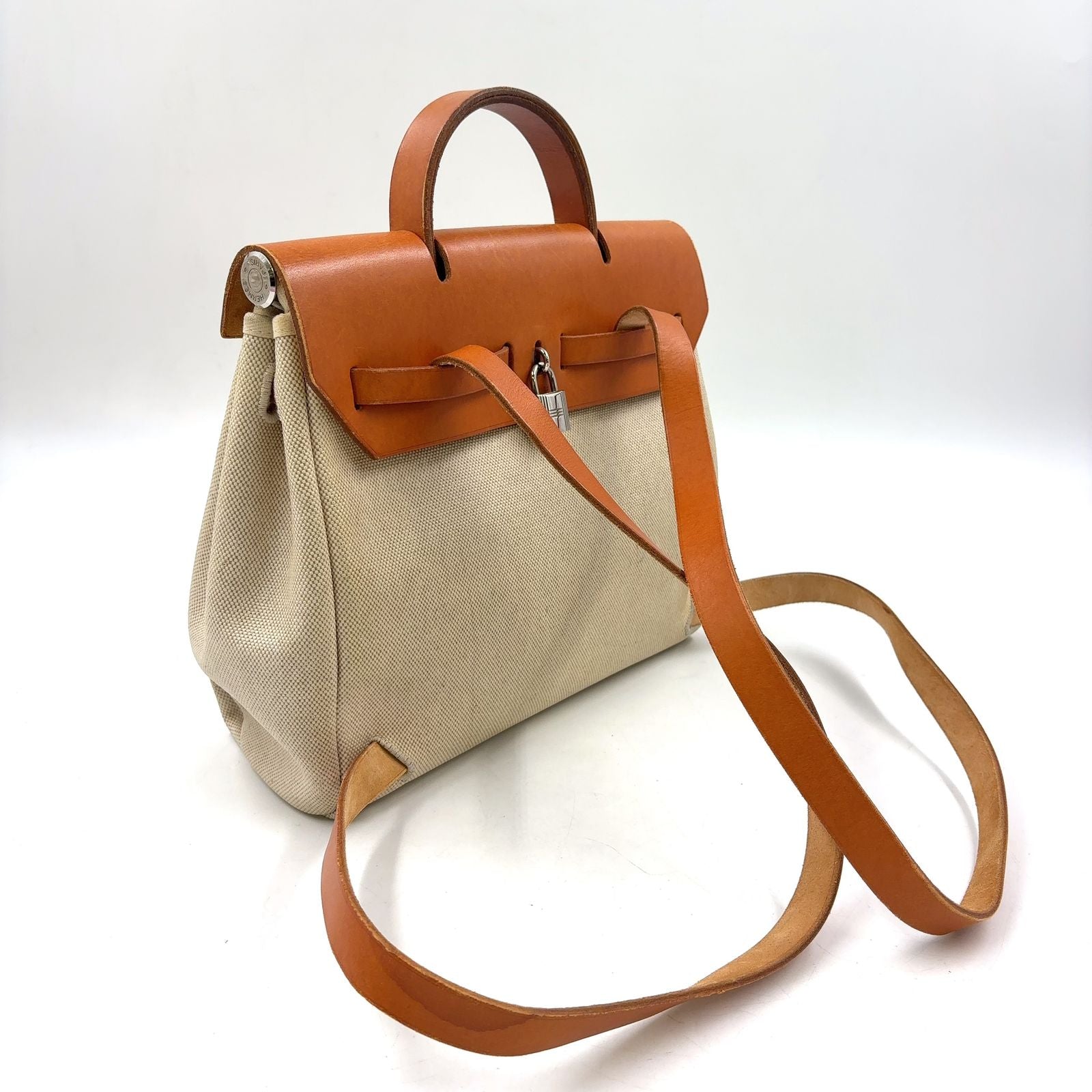 Hermes Herbag a Dos PM Handbag Leather Canvas Beige Light Brown Backpack Silver — view 2