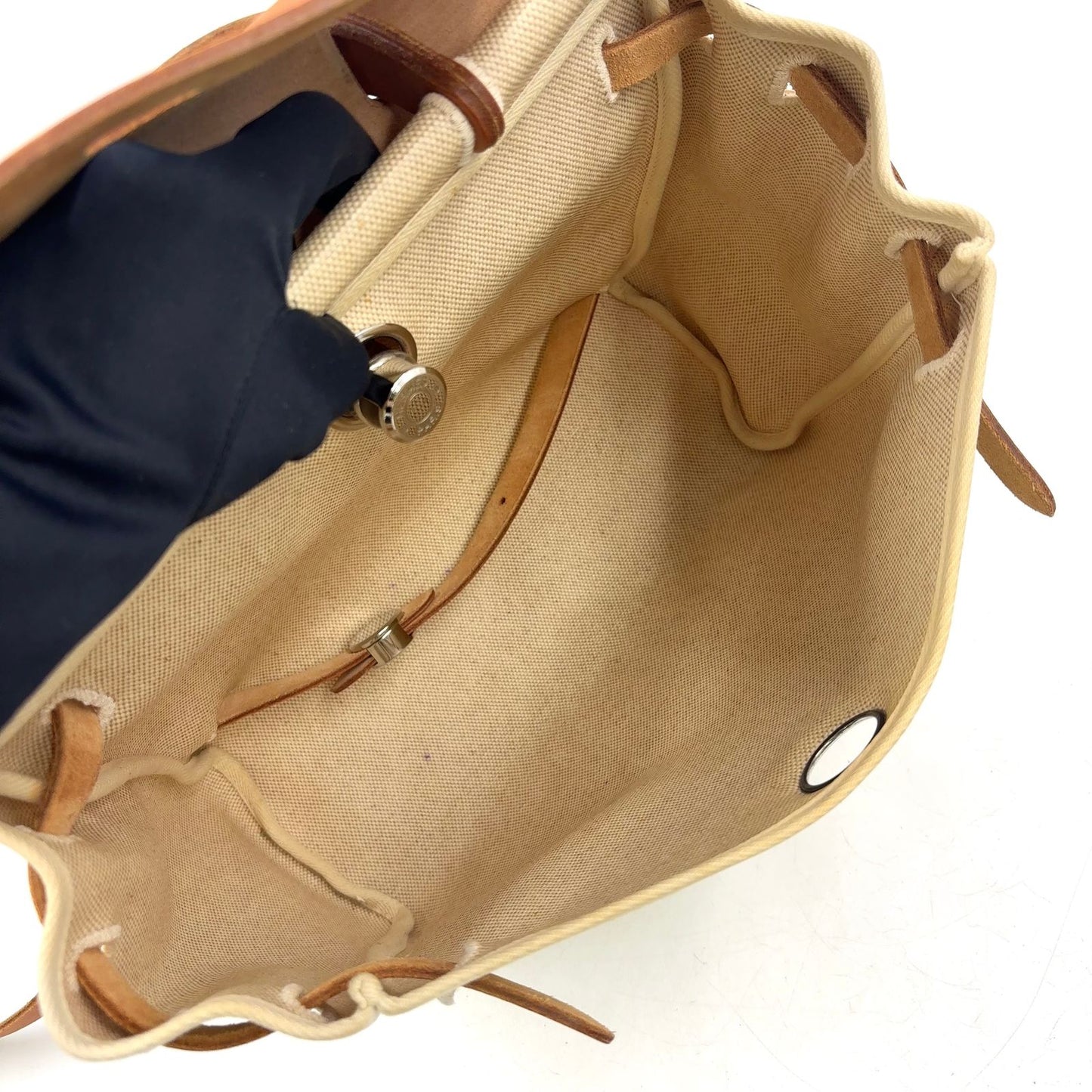 Hermes Herbag a Dos PM Handbag Leather Canvas Beige Light Brown Backpack Silver — view 3
