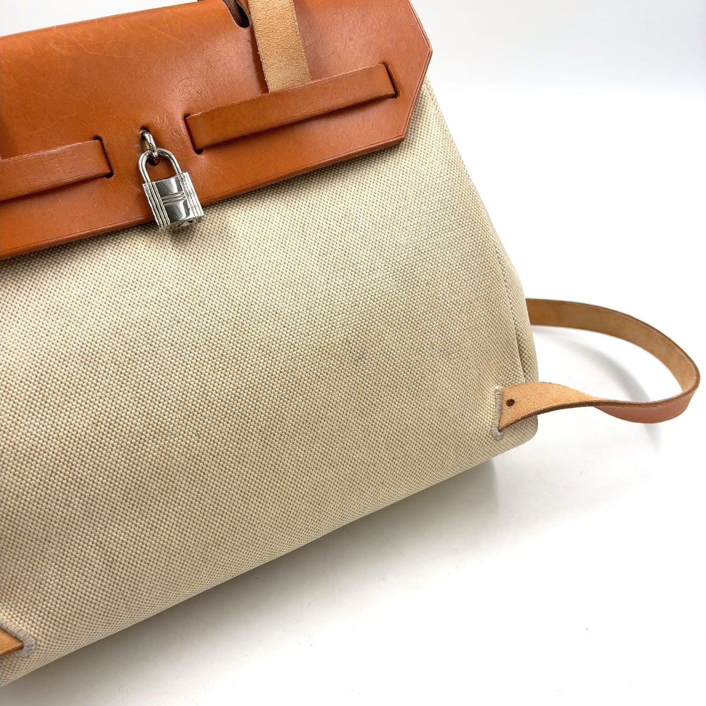 Hermes Herbag a Dos PM Handbag Leather Canvas Beige Light Brown Backpack Silver — view 8