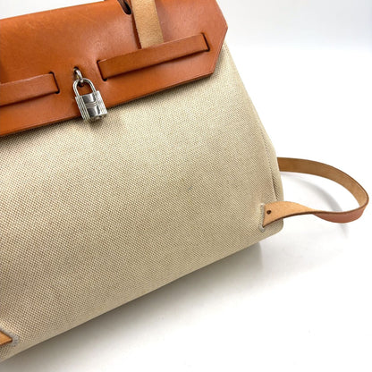 Hermes Herbag a Dos PM Handbag Leather Canvas Beige Light Brown Backpack Silver — view 8
