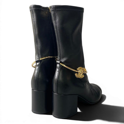 Chanel Cruise CC Logo Metal Ring Leather Boots Black 36.5 — view 4