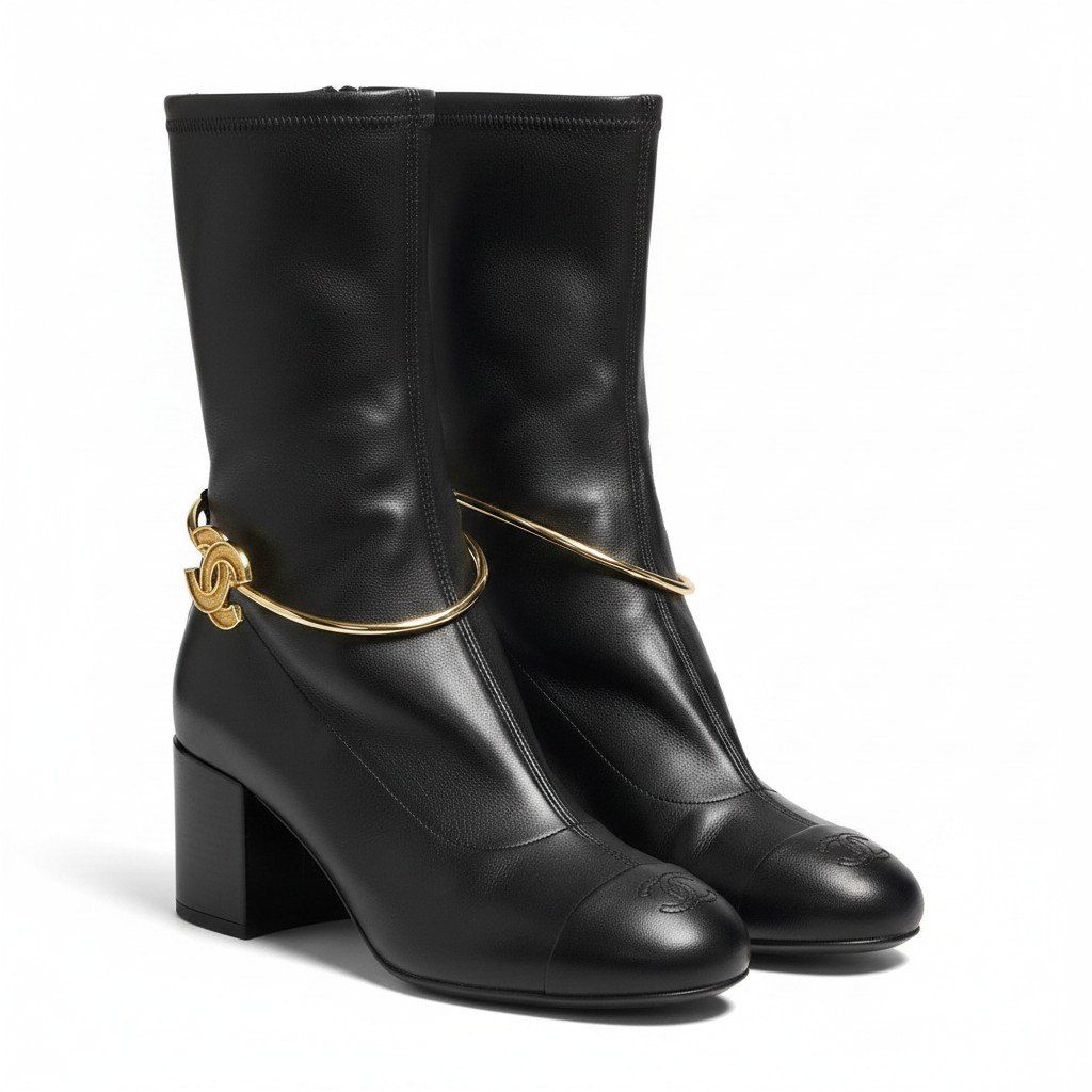 Chanel Cruise CC Logo Metal Ring Leather Boots Black 36.5