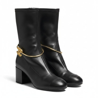 Chanel Cruise CC Logo Metal Ring Leather Boots Black 36.5