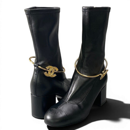 Chanel Cruise CC Logo Metal Ring Leather Boots Black 36.5 — view 2